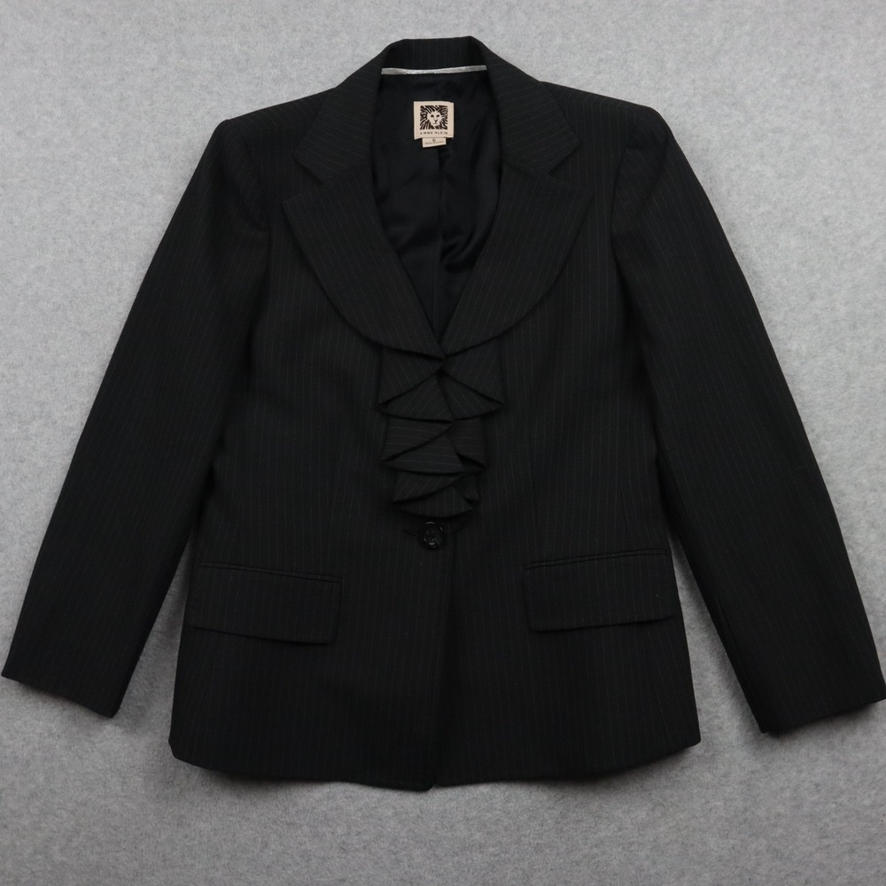 Anne Klein Blazer Womens 6 Ruffled Suit Jacket Coat Business Black Striped